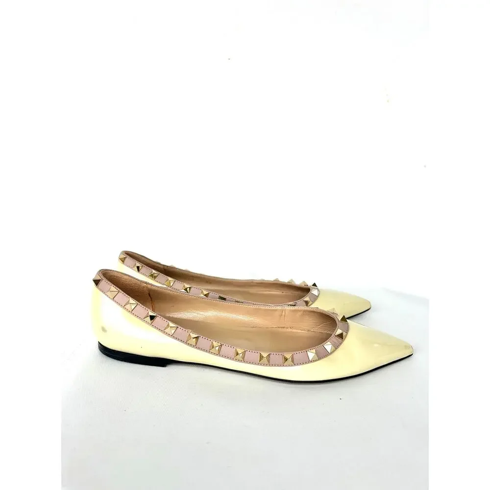 Valentino Garavani Rockstud Ballet Flats Cream Ivory Patent Leather 39 Yellow 9